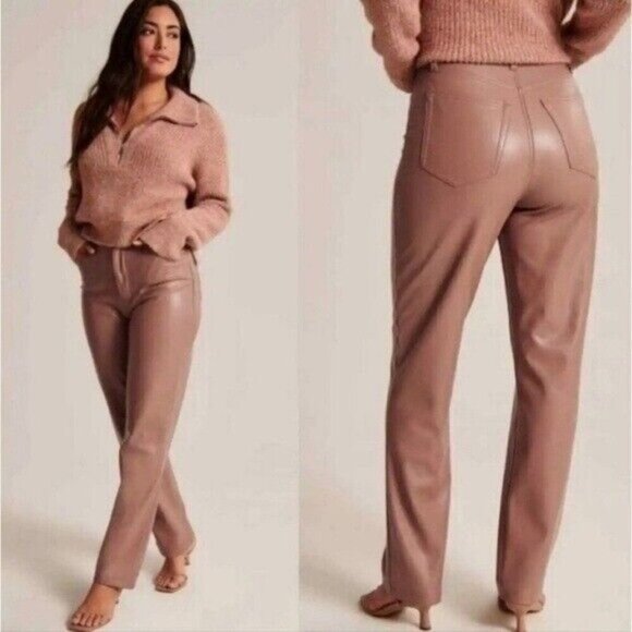 abercrombie & fitch pant women 24R the 90's straight vegan leather tan event y2k - Picture 1 of 9